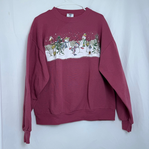 Jerzees Vintage Women's Snowmen Winter‎ Pullover Sweatshirt Burgundy L Crew Neck - Picture 1 of 5